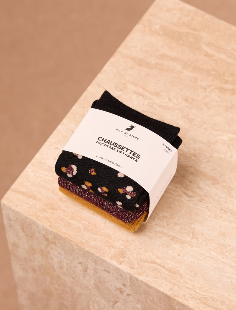 Pack chaussettes nostalgie - Léopard, bordeaux & moutarde - Image principale